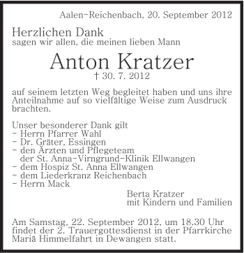 Traueranzeige von Anton Kratzer von Schwäbische Post