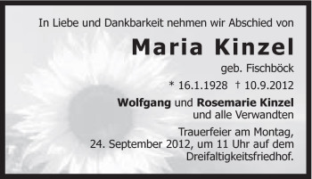 Traueranzeige von Maria Kinzel von Gmünder Tagespost