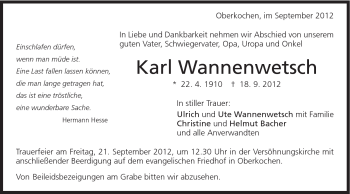 Traueranzeige von Karl Wannenwetsch von Schwäbische Post
