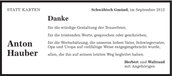 Traueranzeige von Anton Hauber von Gmünder Tagespost