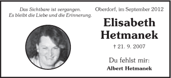 Traueranzeige von Elisabeth Hetmanek von Schwäbische Post