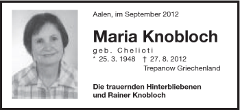 Traueranzeige von Maria Knobloch von Schwäbische Post