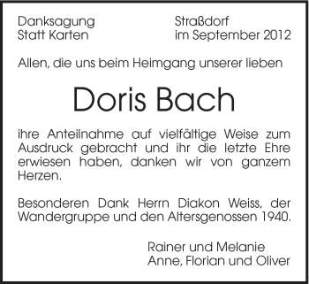 Traueranzeige von Doris Bach von Gmünder Tagespost