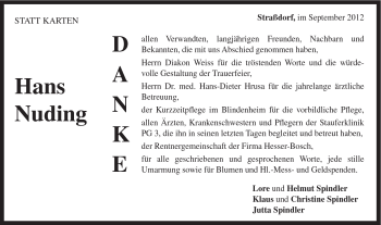 Traueranzeige von Hans Nuding von Gmünder Tagespost