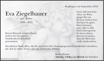 Traueranzeige von Eva Ziegelbauer von Schwäbische Post