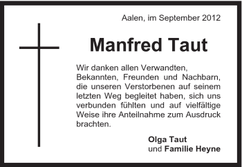 Traueranzeige von Manfred Taut von Schwäbische Post