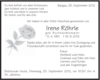 Traueranzeige von Irene Röhrle von Gmünder Tagespost