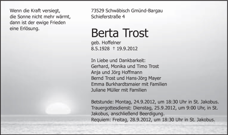  Traueranzeige für Berta Trost vom 22.09.2012 aus Gmünder Tagespost