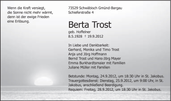 Traueranzeige von Berta Trost von Gmünder Tagespost