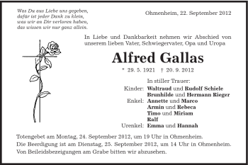 Traueranzeige von Alfred Gallas von Schwäbische Post