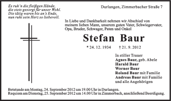 Traueranzeige von Stefan Baur von Gmünder Tagespost