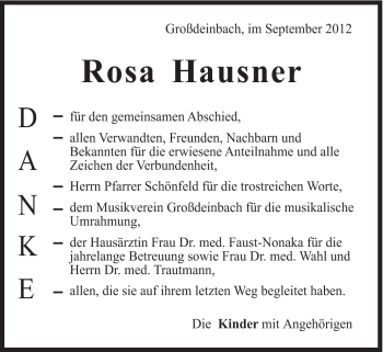 Traueranzeige von Rosa Hausner von Gmünder Tagespost