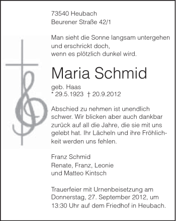Traueranzeige von Maria Schmid von Gmünder Tagespost