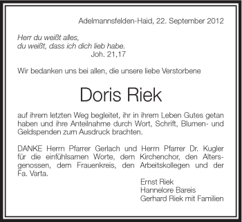 Traueranzeige von Doris Riek von Schwäbische Post