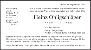 Traueranzeige von Heinz Ohligschläger von Schwäbische Post