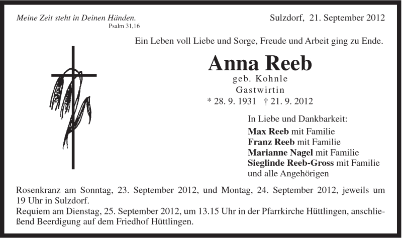  Traueranzeige für Anna Reeb vom 22.09.2012 aus Schwäbische Post