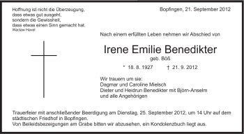 Traueranzeige von Irene Emilie Benedikter von Schwäbische Post