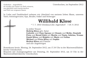 Traueranzeige von Willibald Klose von Schwäbische Post