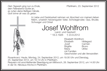 Traueranzeige von Josef Wohlfrom von Schwäbische Post