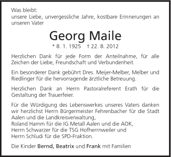 Traueranzeige von Georg Maile von Schwäbische Post