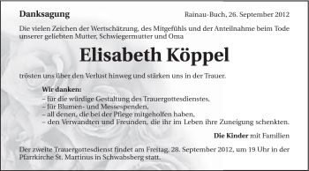 Traueranzeige von Elisabeth Köppel von Schwäbische Post