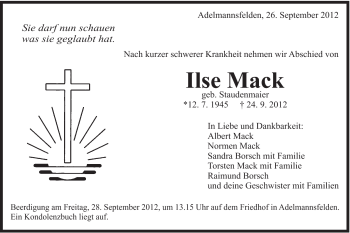 Traueranzeige von Ilse Mack von Schwäbische Post