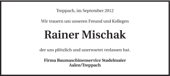 Traueranzeige von Rainer Mischak von Schwäbische Post