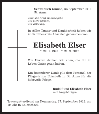 Traueranzeige von Elisabeth Elser von Gmünder Tagespost