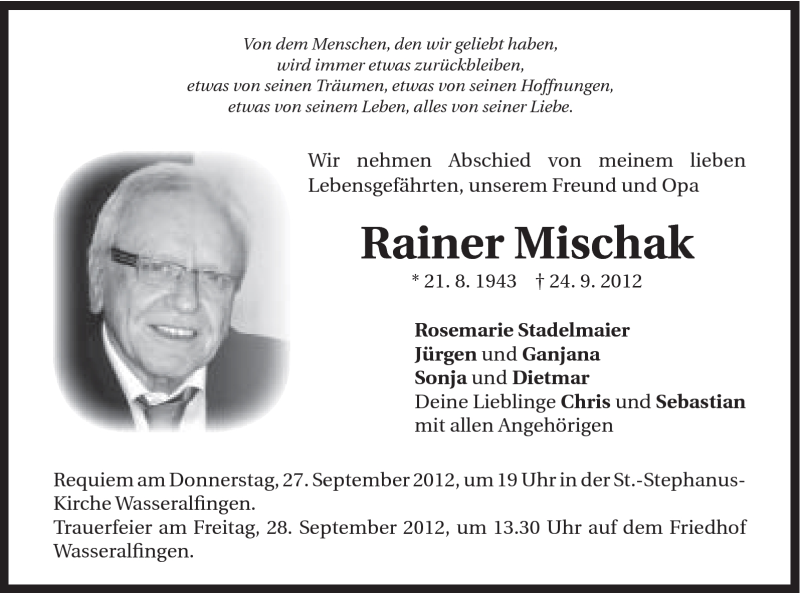  Traueranzeige für Rainer Mischak vom 26.09.2012 aus Schwäbische Post