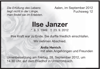 Traueranzeige von Janzen Ilse von Schwäbische Post