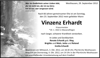 Traueranzeige von Vinzenz Erhardt von Schwäbische Post