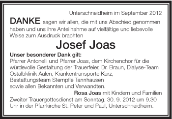 Traueranzeige von Josef Joas von Schwäbische Post