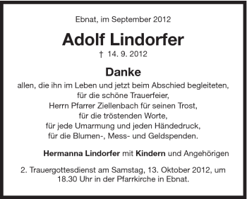 Traueranzeige von Adolf Lindorfer von Schwäbische Post