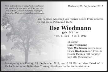 Traueranzeige von Ilse Wiedmann von Gmünder Tagespost