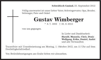 Traueranzeige von Gustav Wimberger von Gmünder Tagespost