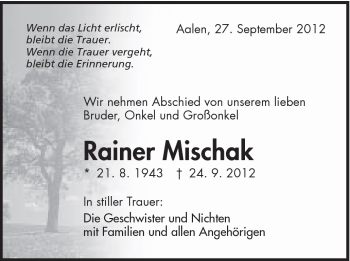Traueranzeige von Rainer Mischak von Schwäbische Post