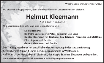 Traueranzeige von Helmut Kleemann von Schwäbische Post