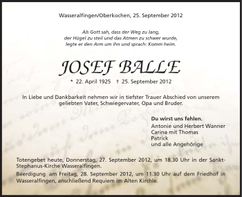 Traueranzeige von Josef Balle von Schwäbische Post