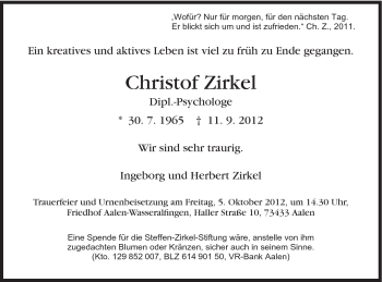 Traueranzeige von Christof Zirkel von Schwäbische Post