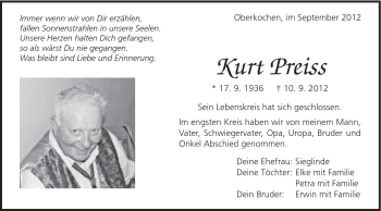Traueranzeige von Kurt Preiss von Schwäbische Post