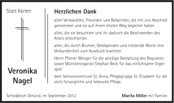 Traueranzeige von Veronika Nagel von Gmünder Tagespost