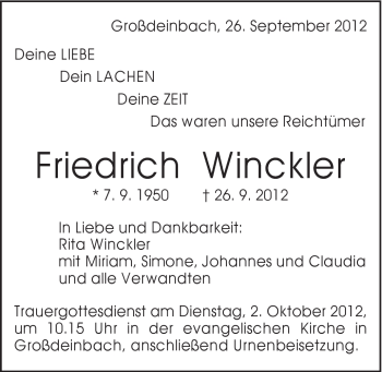 Traueranzeige von Friedrich Winckler von Gmünder Tagespost