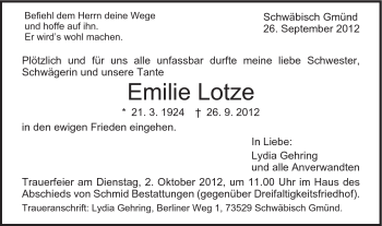 Traueranzeige von Emilie Lotze von Gmünder Tagespost