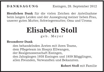 Traueranzeige von Elisabeth Stoll von Schwäbische Post