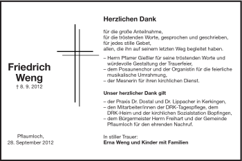 Traueranzeige von Friedrich Weng von Schwäbische Post