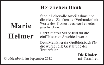 Traueranzeige von Marie Helmer von Gmünder Tagespost
