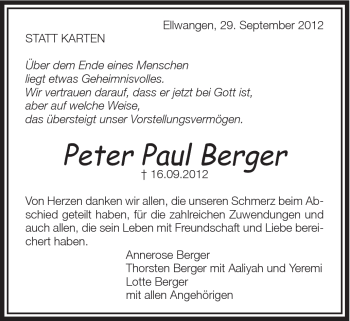 Traueranzeige von Peter Paul Berger von Schwäbische Post