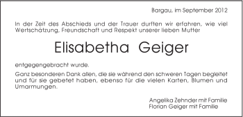 Traueranzeige von Elisabeth Geiger von Gmünder Tagespost