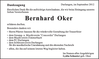 Traueranzeige von Bernhard Oker von Gmünder Tagespost
