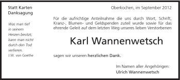 Traueranzeige von Karl Wannenwetsch von Schwäbische Post